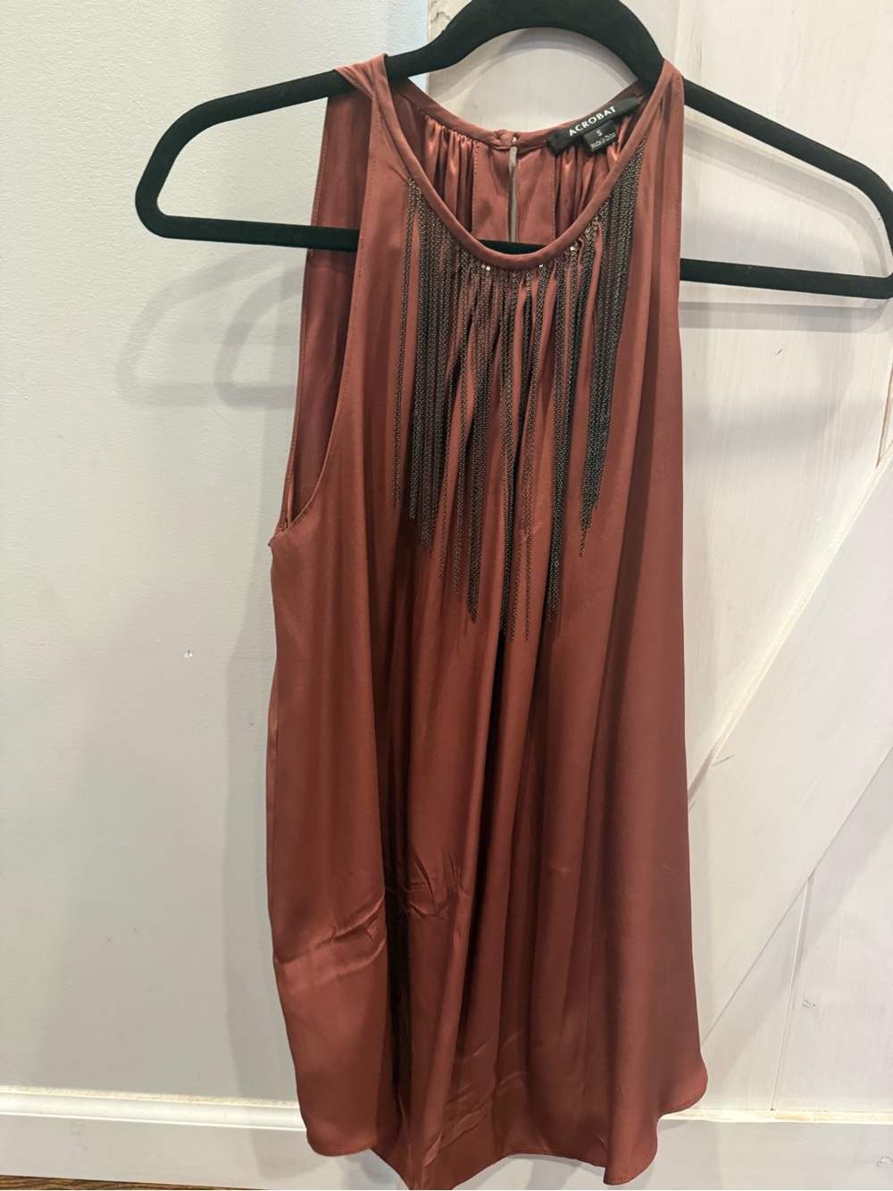 Acrobat Rust Brown Sleeveless Chain-Trim Satin Top